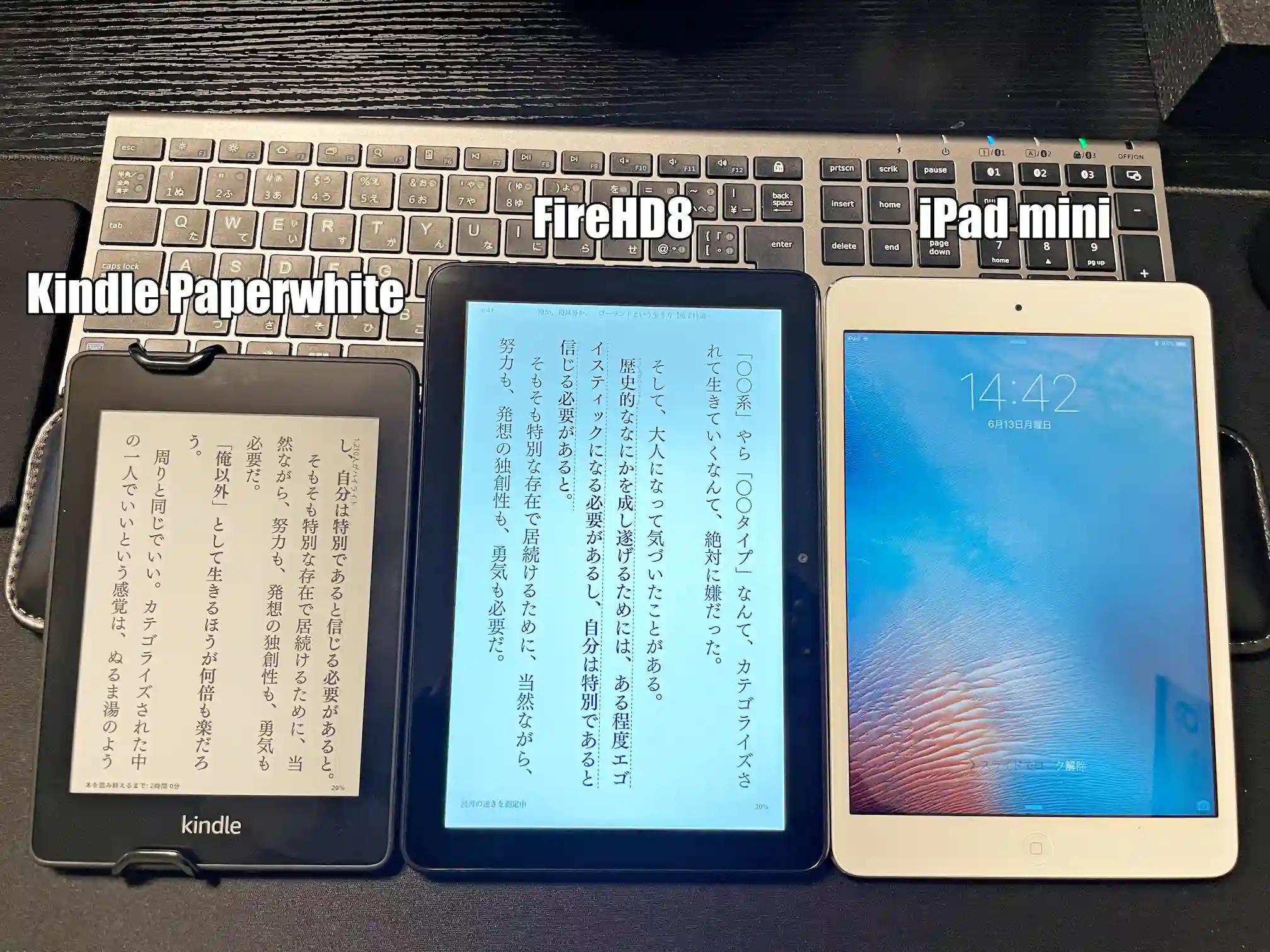 Kindle PaperwhiteとFireHD8、iPadminiのサイズ比較